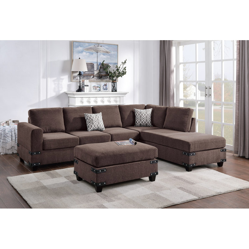 Canapé modulaire réversible en mélange de polyester de 112 po de large Shaeli, Chenille chocolat