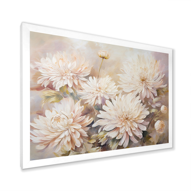 Fleur de chrysanthème beige - imprimé, Cadre simple blanc, H 12 po x l 20 po x P 1 po