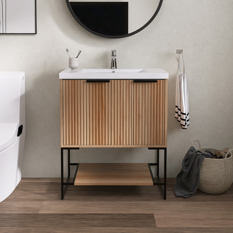 Meuble-lavabo simple avec plateau Francella, Érable, Noir mat