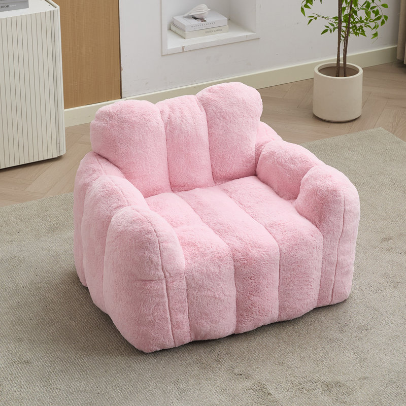 Fauteuil à billes 41 po en fausse fourrure rose avec accoudoirs et anneau de traction, canapé paresseux rembourré en mousse à mémoire de forme avec base antidérapante, facile à nettoyer, sans assemblage, pour la chambre à coucher du salon
