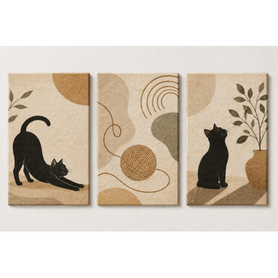 Grand ensemble de 3 impressions sur toile de chat noir ludique et neutre sur toile pour le salon des amoureux des chats, impression sur toile sans cadre 16 x 24 pouces - prête à être accrochée