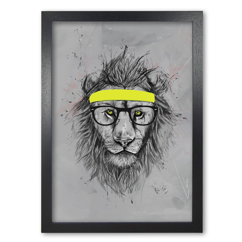 Hipster Lion by Mercedes Lopes Charro - Print, 59.4 cm H x 42 cm W x 5 cm D, Black Grain