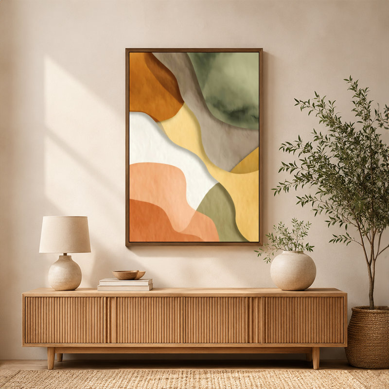 Art mural sur toile abstrait texturé avec cadre flottant, formes terreuses, prêt à accrocher, 24 po x 36 po, Brun