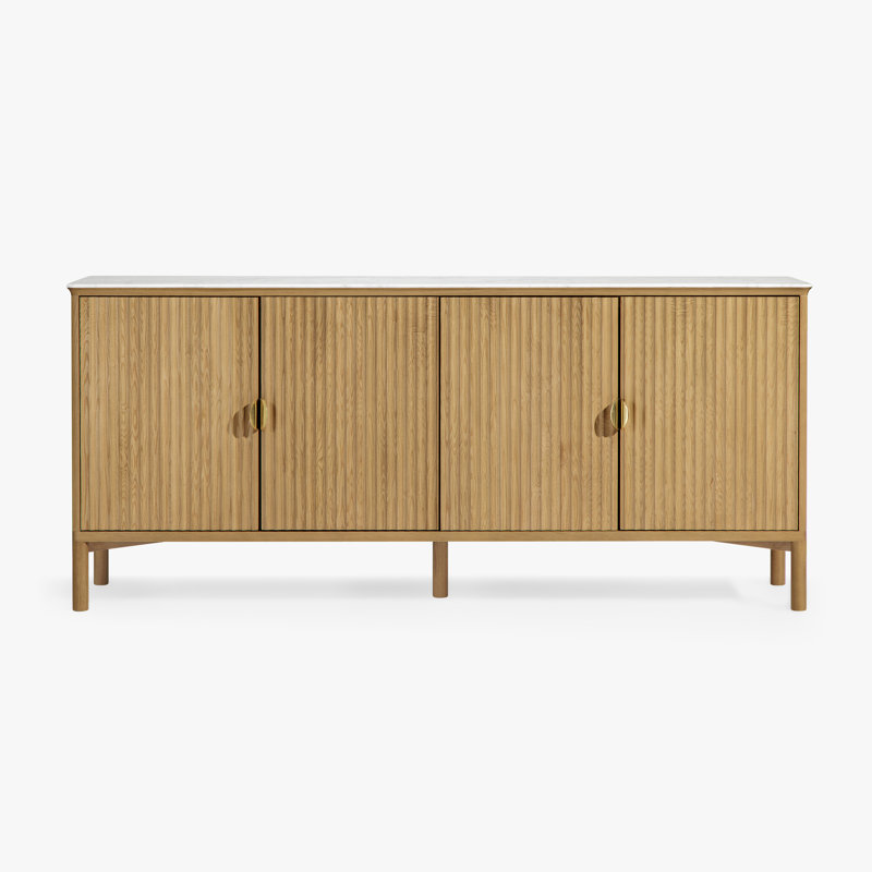 Buffet olive 4 portes, plateau en marbre Carrera