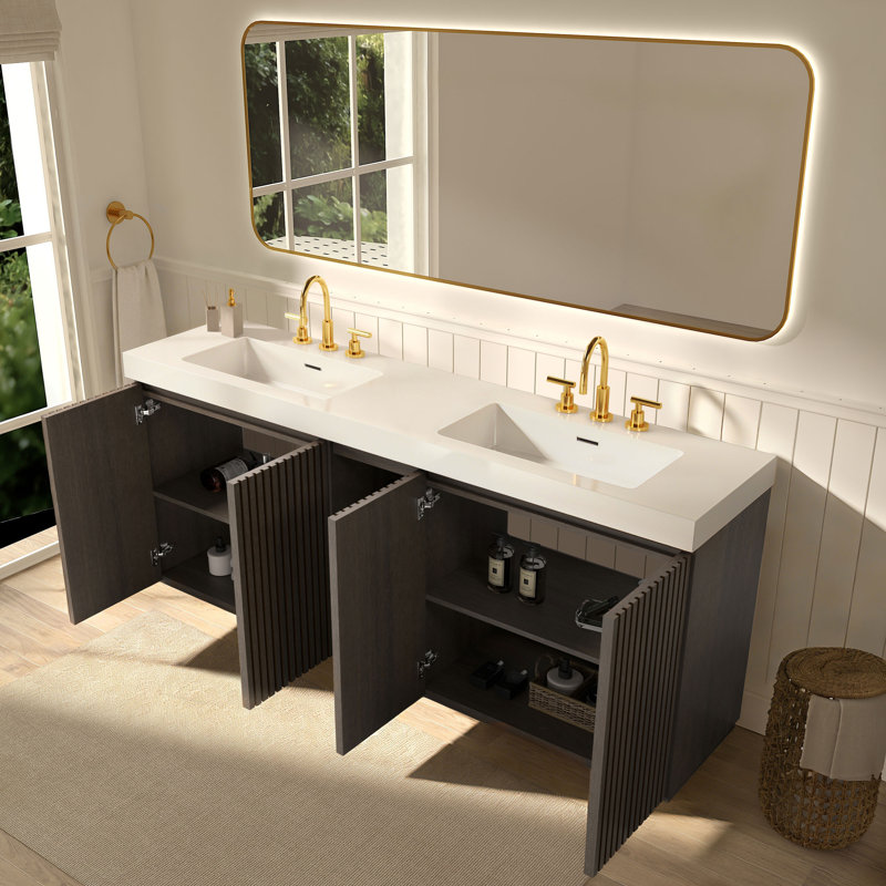 Meuble-lavabo double 72 po avec surface solide, Blanc / Brun foncé, Espacé