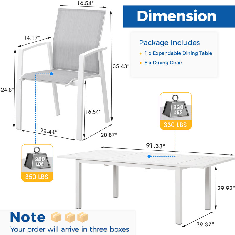 Ensemble de salle à manger de jardin Calliana avec table de salle à manger extensible et chaises empilables entièrement assemblées