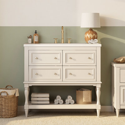Meuble-lavabo 36 po avec lavabo sous-comptoir en céramique, 4 tiroirs d'extension et grande tablette de rangement, structure en bois d'hévéa massif, capacité de 300 lb, neutre moderne, prêt pour robinet central de 4 po