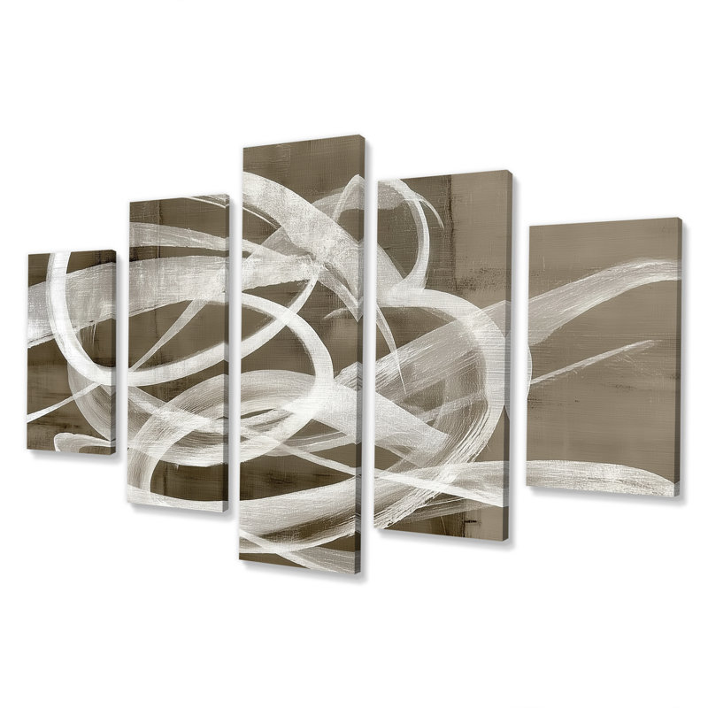 «White Grey Abstract Modern Brush Swirl - Formes abstraites, impressions sur toile, ensemble d'art mural blanc sur toile de 5