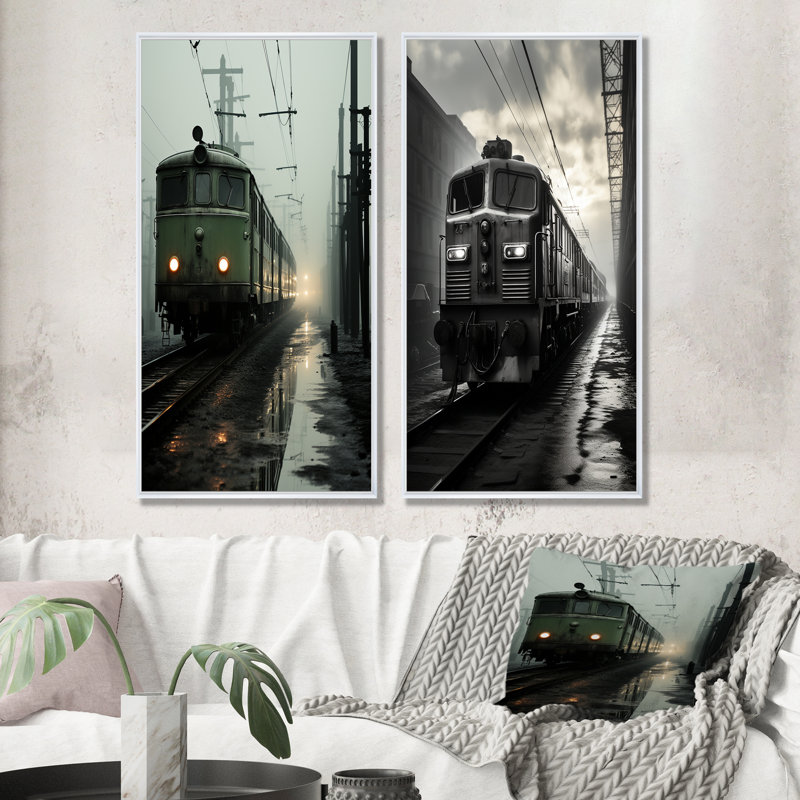 «Comforting Moody Train Journey - Train», ensemble de 2 reproductions d'art mural, Cadre blanc, H 32 po x l 33 po