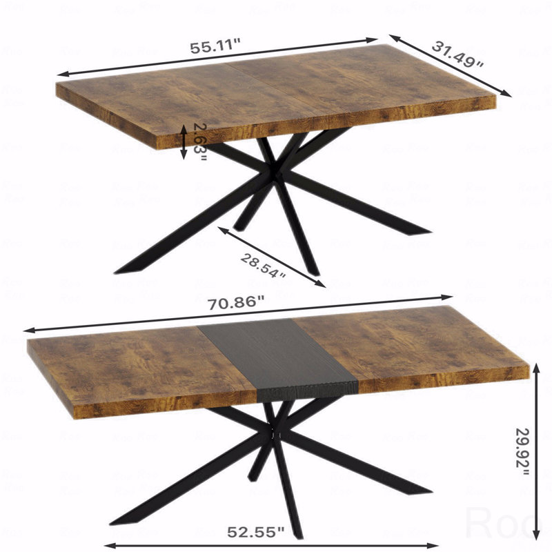 Table de salle à manger extensible rectangulaire, table de salle à manger rectangulaire rétro, plateau en bois antique et plaque en relief noir, table de salle à manger en fer fin noir avec pied en fer et boîte de rangement.