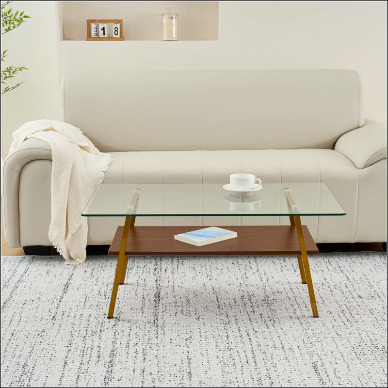 Table basse rectangulaire avec plateau en verre trempé et pieds en métal doré, verre transparent, Transparent / doré