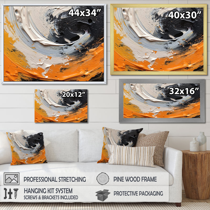 Décoration murale orange et noire Mystic Spirals II - Spirales abstraites, H 12 po x l 20 po x P 1 po, Toile tendue