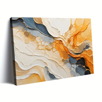Navy Orange Gold Fluid Abstract Thick Impasto Texture Canvas Art, Wrapped Canvas, Ready to Hang