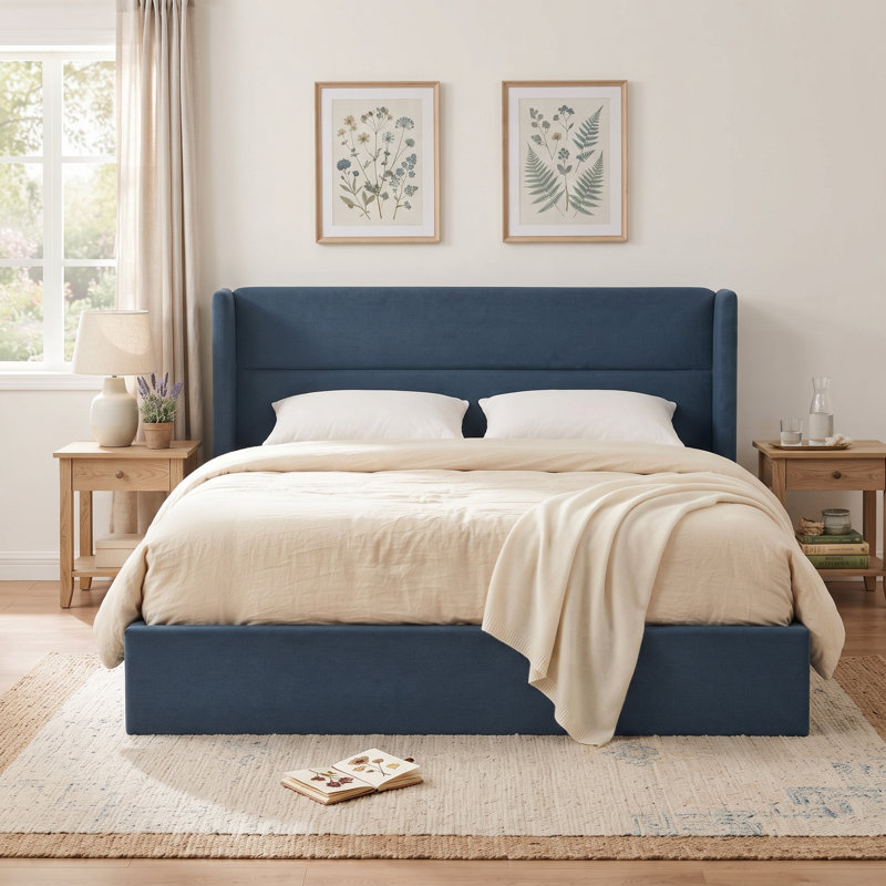 Structure de lit tapissier Annek avec rangement relevable, tête de lit à oreilles de H 40,9 po, lattes de bois et structure en métal, plusieurs tailles et options de tissu disponibles