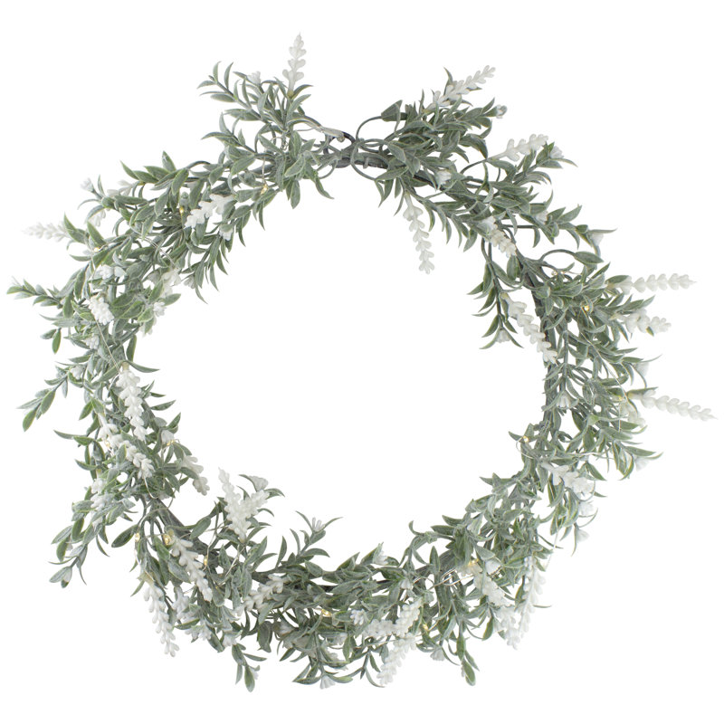 Couronne de printemps lavande artificielle à DEL - lumières blanches de 16 pouces, Blanc