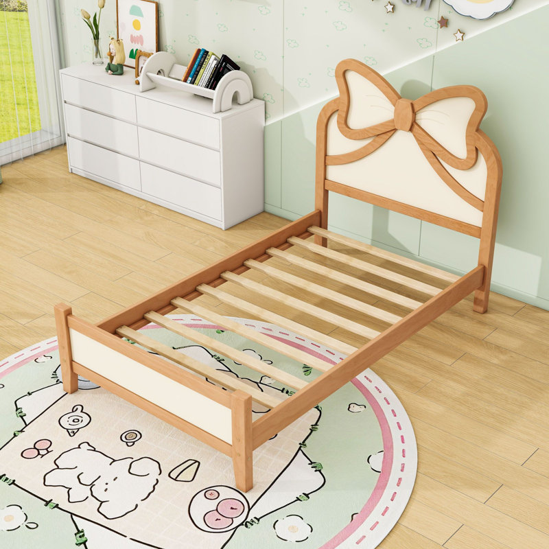 Lit plateforme en bois avec tête de lit et pieds arqués, sommier à lattes, Lit simple, Naturel beige
