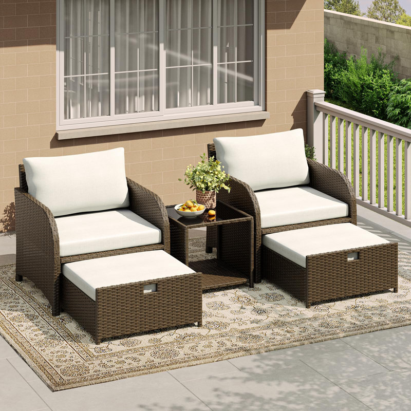 5 Pieces Patio Furniture Set, Wicker Conversation Set with Cushioned Chairs, Outdoor Patio Sofa Set with Tempered Glass Table, Waterproof Cushions for Backyard, Poolside and Balcony.