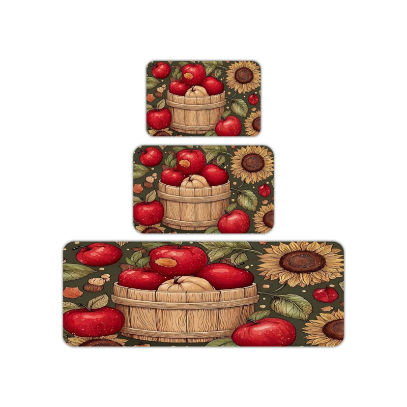 Autumn Apple Sunflower Set Of 3 Kitchen Rug For Kitchen, Mudroom, Green Red