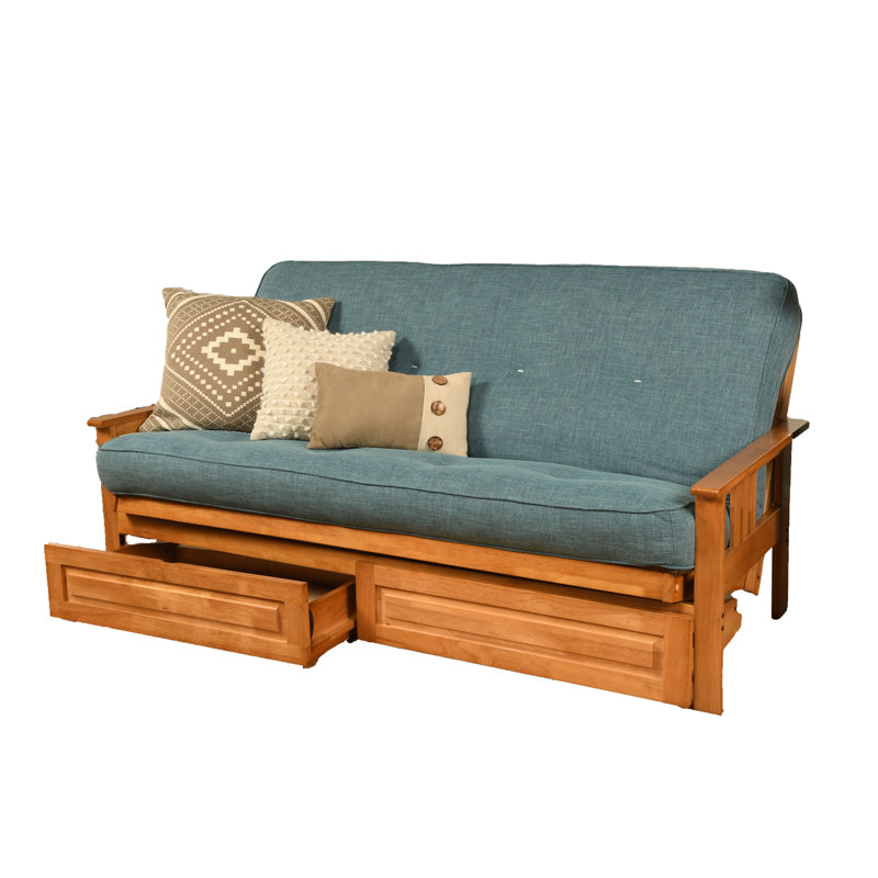 Le cadre de futon double Stratford comprend des tiroirs de rangement et un matelas, Innerspring, Lin turquoise, Noyer cendré