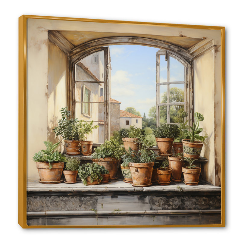«Italian Poteries Window Charm», art mural fenêtres de ferme, H 30 po x l 30 po x P 1,5 po, Cadre flottant doré
