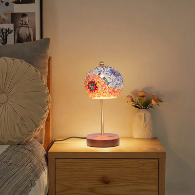 Lampe de table mosaïque en verre avec base en bois, lampe décorative H 11,8 po avec ampoule Gu10