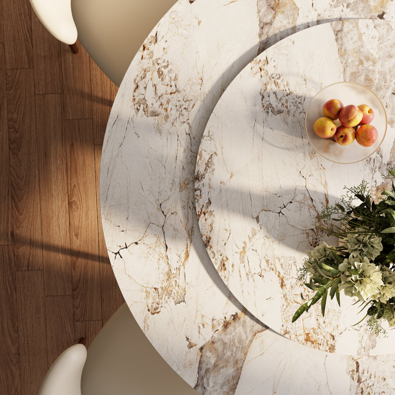 7Pcs Kitchen Dining Lazy Susan Table Set Farmhouse Solid Wood Pedestal (1 Table 6 Chairs), White/Brown