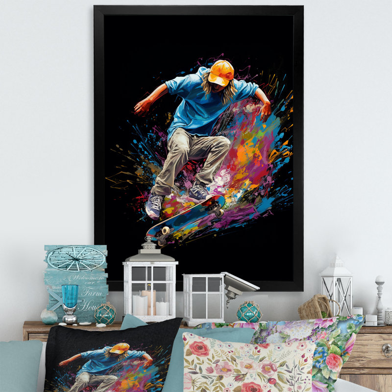 Skateboard Urban Flow II - Décoration murale sport, H 32 po x l 16 po x P 1 po, Cadre photo noir