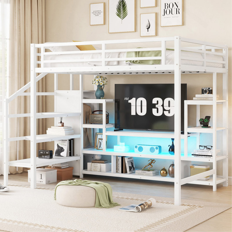 Lit mezzanine double en métal avec meuble télé, lit mezzanine en métal avec escalier et garde-robe, lit mezzanine double