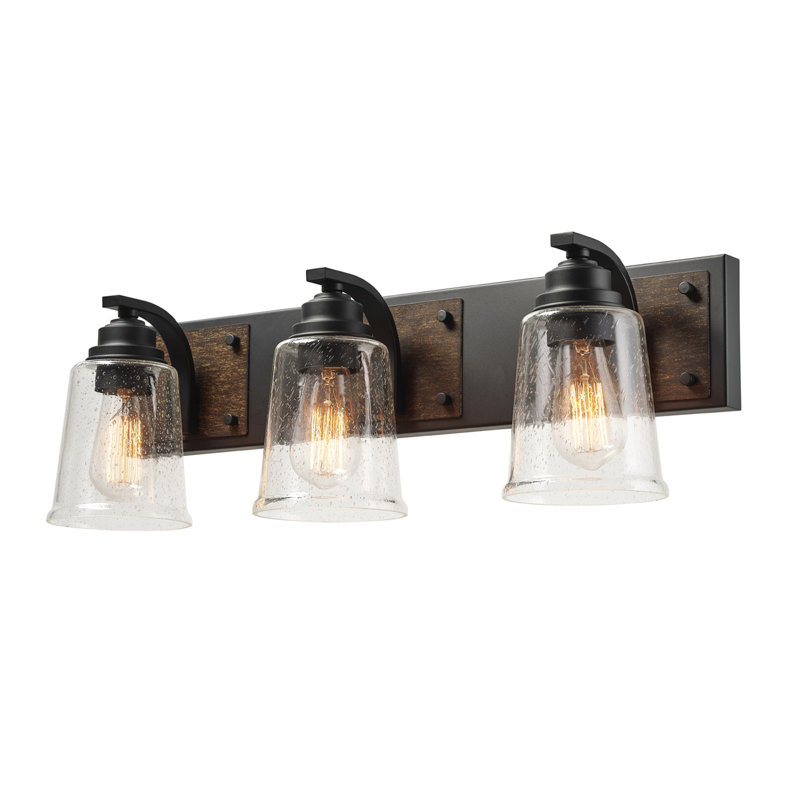 Matte Black and Faux Wood 24" Dimmable Vanity Light with Seeded Glass Shades