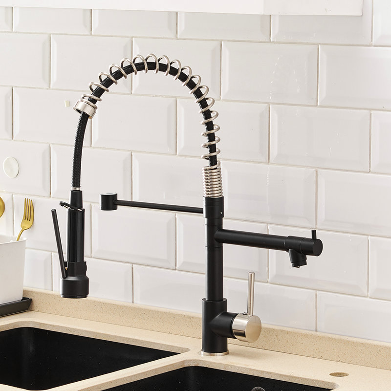 Robinet de cuisine noir et nickel avec douchette rétractable, de style contemporain, facile à nettoyer pour la surface mate de l'évier, fabrication en laiton, moderne
