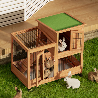 36" Wooden Rabbit Hutch with Wheels Safe & Cozy Guinea Pig House for Small Animals Weather-Resistant Asphalt Roof