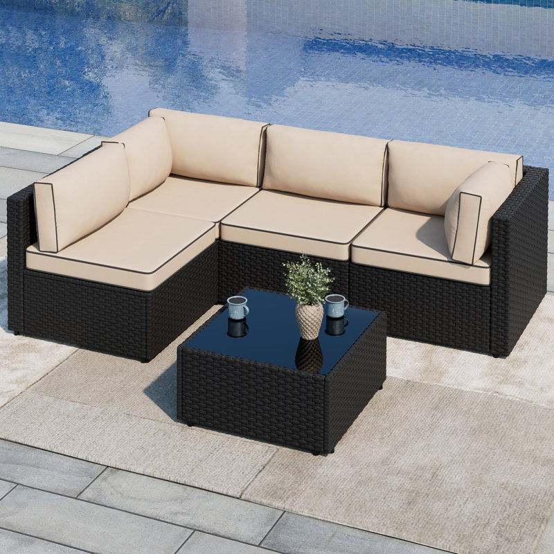 Ensemble de conversation d'extérieur pour 4 personnes avec coussins 4 personnes, Kaki, Noir
