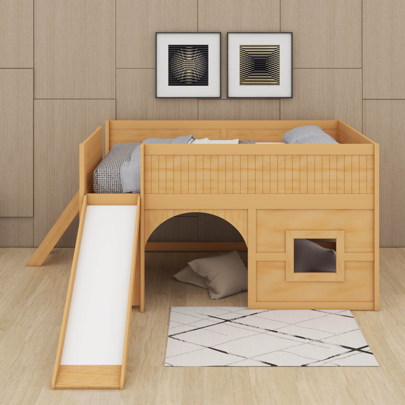 Loft Bed With Slide & Ladder & Storage Shelves,Wooden Full Size Low Loft Bed Frame With Safety Guardrails,Door & Window
