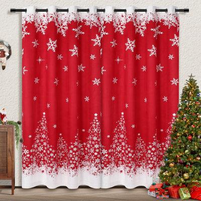 Merry Christmas Window Curtains Set Of 2 Panels , White Snowflakes Christmas Red Velvet Curtains For Bedroom Living Room