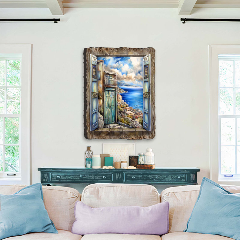 «Coastal View Landscape Window on Wood» par G. DeBrekht, reproduction, H 30 po x l 20 po x P 0,8 po