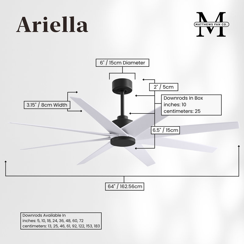 Ariella - Eight Blade Ceiling Fan - Brushed Brass Finish - Matte Black Blades, Matte White, Matte Black