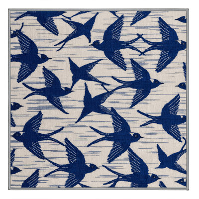 Washable Blue and white Swallow Birds Area Rug