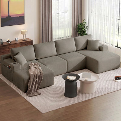 Canapé modulaire en velours côtelé de 130 po en forme de U avec méridienne et siège flexible pour salon