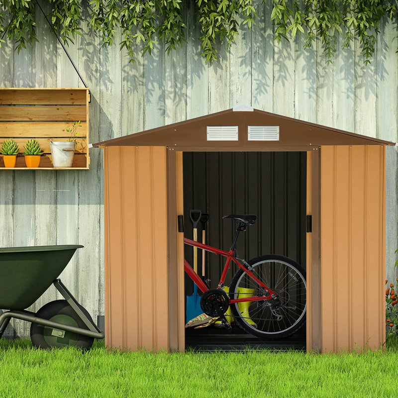 Édifice d'entreposage extérieur jaune 7 pi x 4 pi, acier galvanisé, 4 évents, 2 portes coulissantes, spacieux pour les outils de jardin, installation d'entretien de pelouse, patio, pelouse, garage