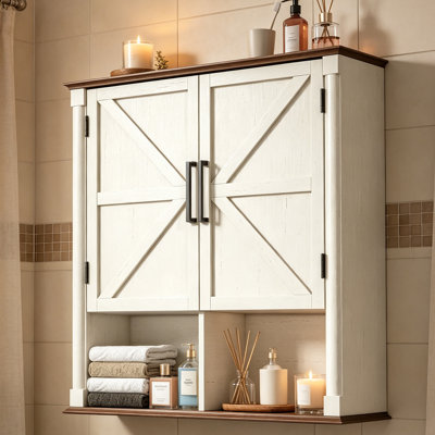 Armoire murale de salle de bain Farmhouse avec portes de grange et colonne romaine, blanc rustique