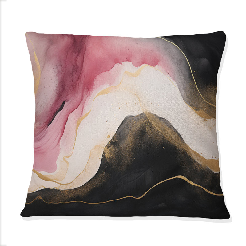 Abstrait, vague d'or rose et noir - Coussin décoratif avec peinture abstraite