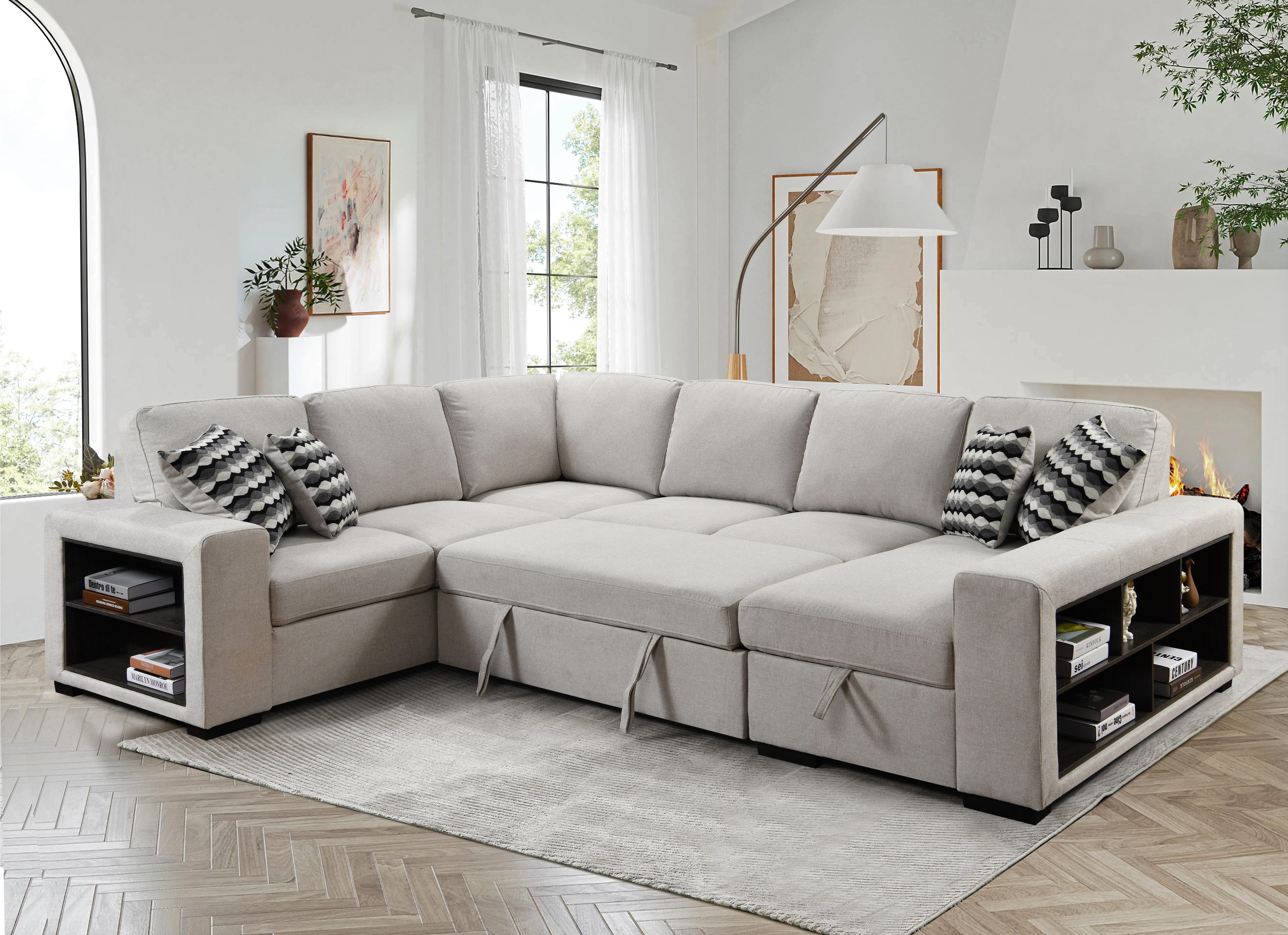 NFusion Rey Pull-out Bed Sectional Sofa Couch with Storage Chaise and ...
