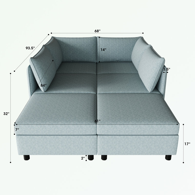 Canapé modulaire, Mélange de polyester bleu antique, H 32 po x l 68 po x P 93,5 po