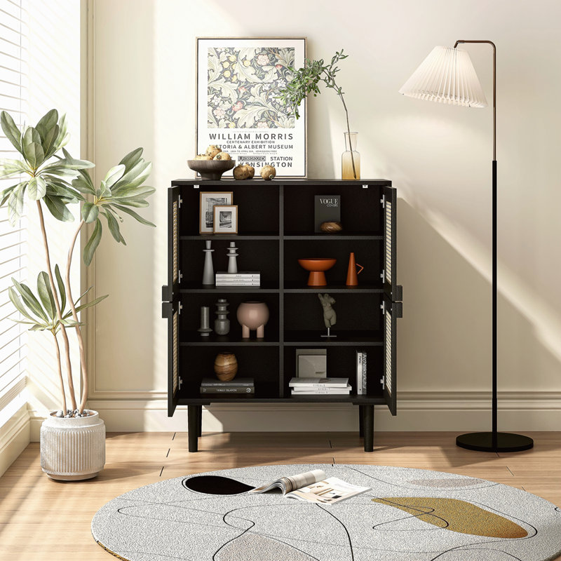 Armoire de rangement en maille rotin 4 portes, buffet avec huit espaces de rangement, pour entrée, salon, couloir, Noir