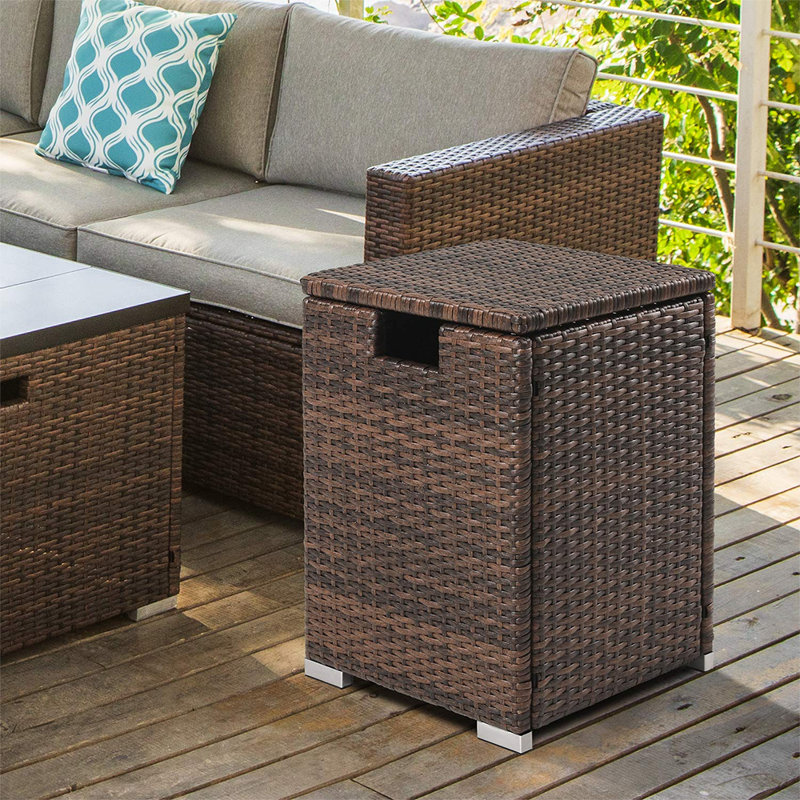 Brown Wicker Gas Fire Pit Tank Cover and Side Table