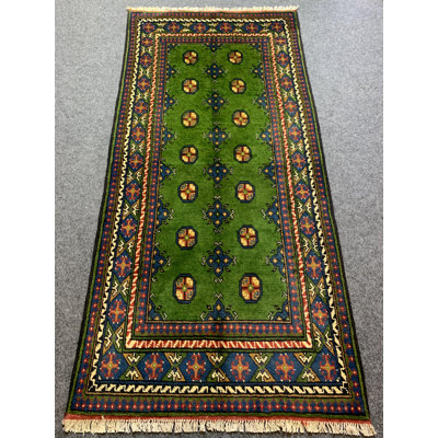 Tapis de couloir afghan vert en laine fabriqué à la main 3,2 x 6,9 pi, tapis Mowri, tapis oriental tribal, tapis à poils doux, tapis de couloir de 0,95 x 205 cm.