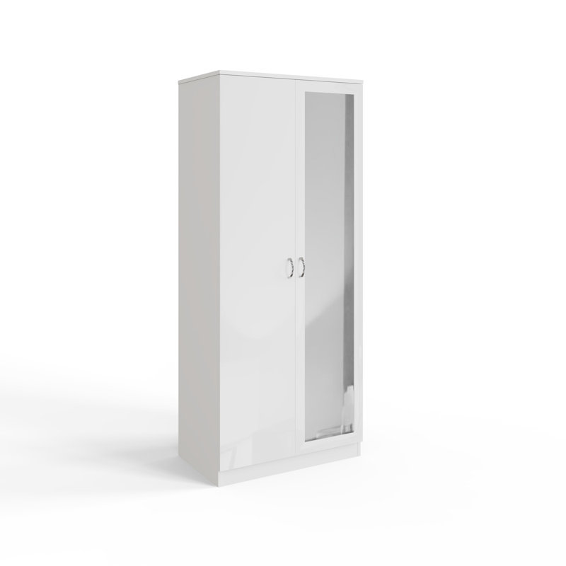 Brendle 2 Door Mirror Wardrobe - High Gloss Finish, Soft Close Doors, Full-Length Mirror, Polished Metal Handles, White Gloss