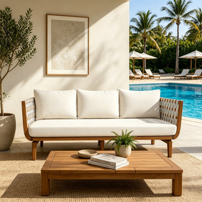 74.61" Premium Outdoor 3-Seater Sofa, Acacia Wood Frame with Teak Finish, Beige Hand-Woven Rope & Water Repellent Fabric Cushion, Patio Couch for Backyard Garden Balcony