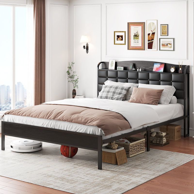 Upholstered Bed Frame with Open Storage Headboard, Charging Station, Kingsize (5')