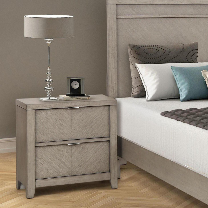 Table de chevet 2 tiroirs en bois massif gris avec motif et tiroirs gris